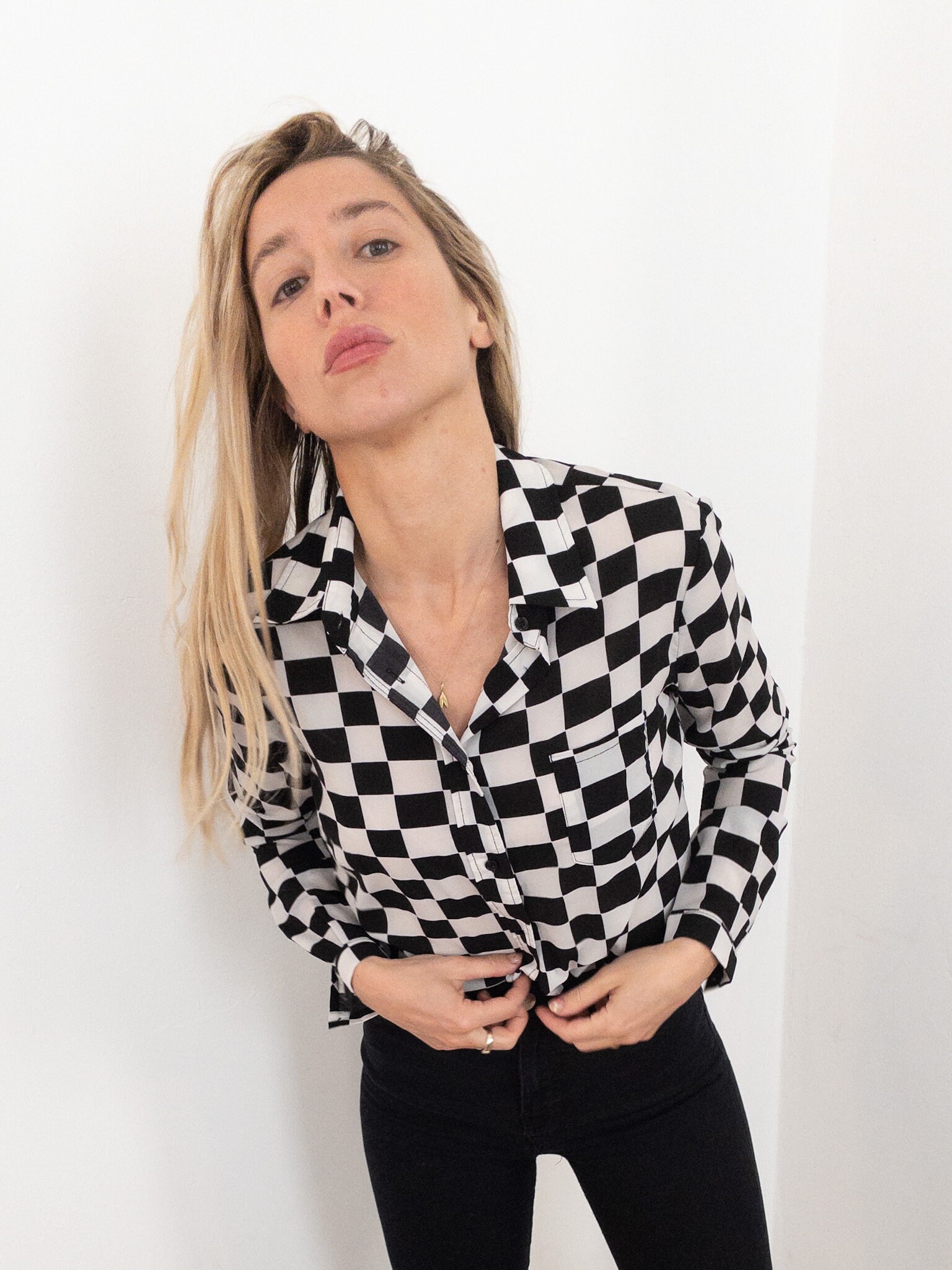 Checkered black and white silky long sleeve vintage blouse Etsy