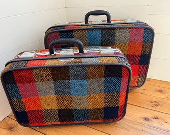 1960s Skyway Luggage - 2 Suitcases, Vivid Colors with Purple Lining Soft Sided Luggage
