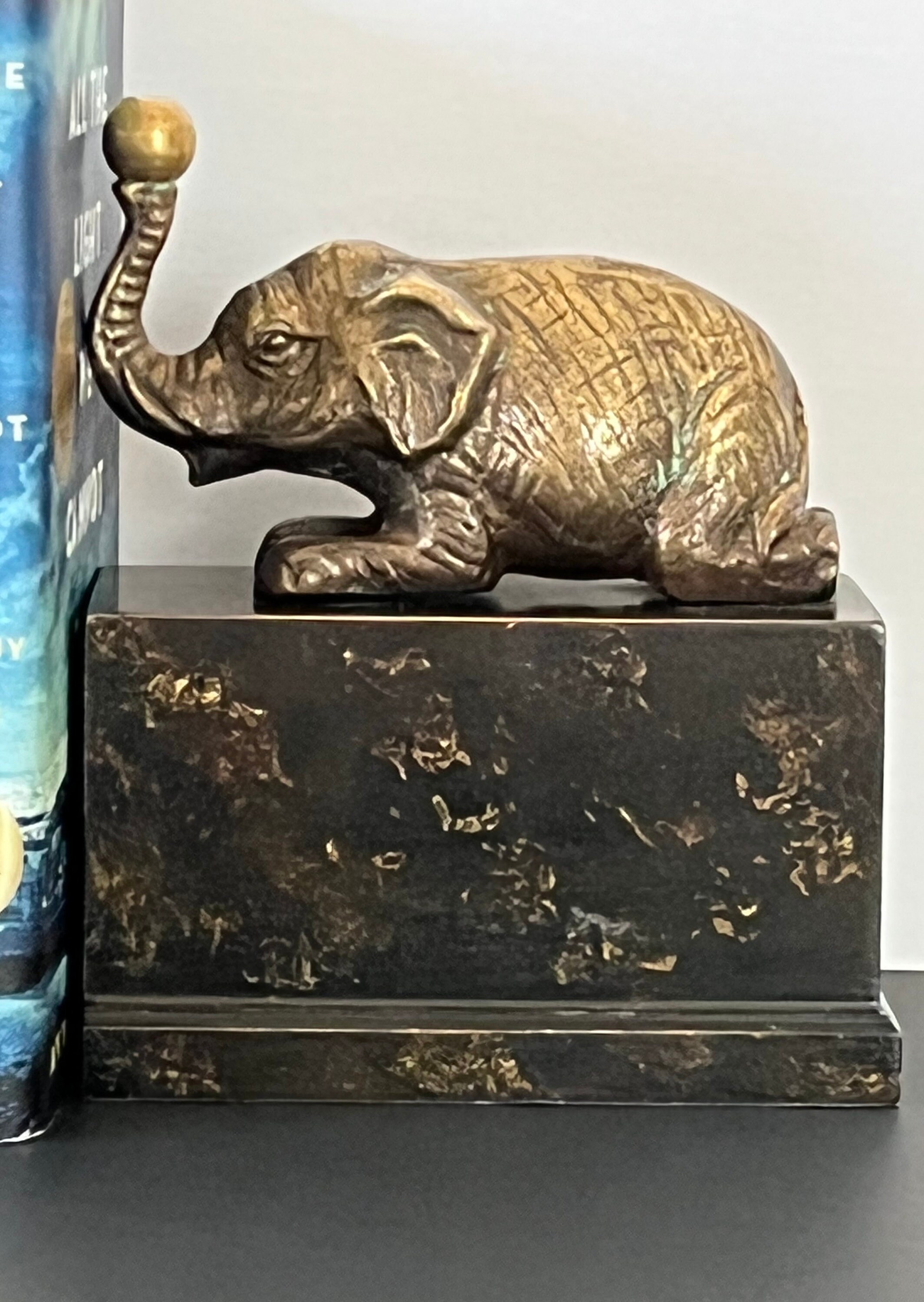 Vintage Bronze Elephant Bookends, Very Heavy, Large Base, Made in Korea