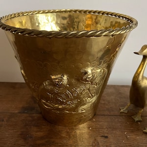 Vintage Pot or Planter, Brass Monkey Pot, Highly Embossed, Solid Brass, Planter, Wastebasket