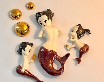 Vintage 1950s-60s Wall Plaques, Ceramic Mermaids and Bubbles by Joty, Highly Collectible! Set of 6 Pieces
