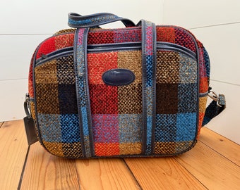 Vintage Skyway Tote / Carry-on Luggage, Overnight Bag, Classic Tweed Plaid