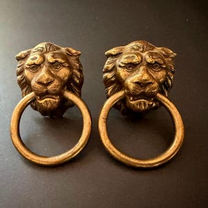 Vintage Drawer Pulls, Lions Heads Antiqued Brass Finish, Set of 2