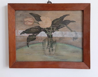 Original Acrylic on Wood Painting, Flowers in Vase, Chippy, Rustic, Framed - Free Ship