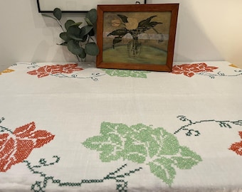 Cross Stitch Vintage tablecloth with Flowers and Vines