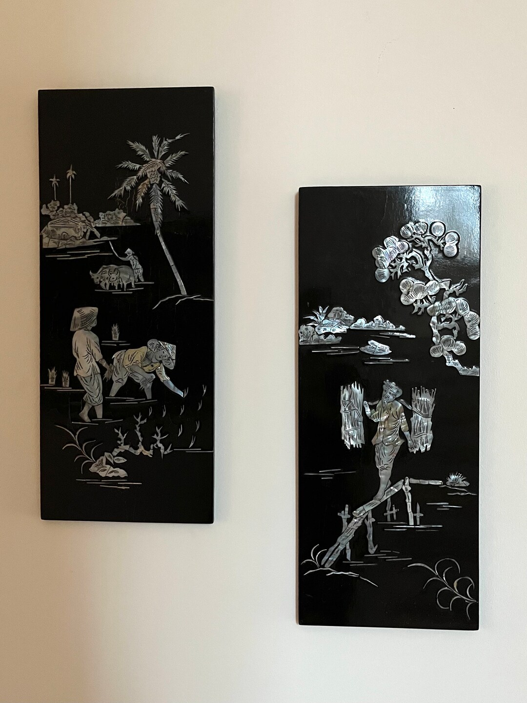Vintage Asian Wall Art Set of 2 Panels Black Lacquered With Etsy