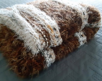 Vintage Hand-Knitted Afghan Throw, Soft Brown Blanket (58x54)