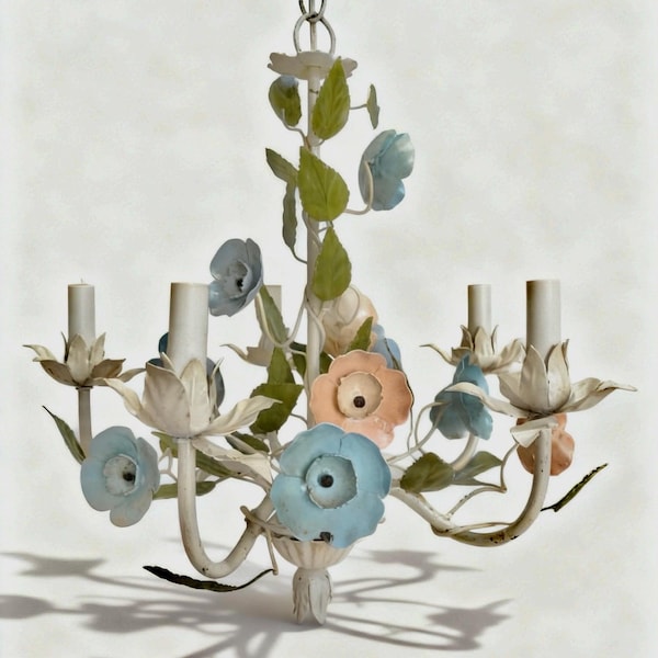 Italian Tole Chandelier, 5 Arm Hanging Light Fixture, Villeta Decor, Cottage Charm