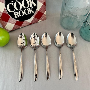 Midcentury Serving Utensils, Oneida TWIN STAR, 5 Serving Spoons - 2 Pierced and 3 Solid