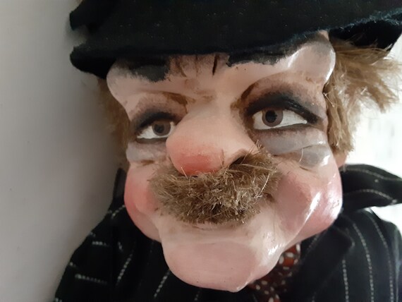 Vintage Marionette Hand Crafted and Signed by Artist, Resin Head, Hands, Feet, Handsewn Elaborate Clothing, Ceramic Jug, Wood Cane