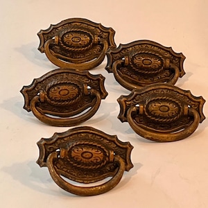 Set of 5 Vintage Brass Drawer Pulls, Single Screw, Swing Bail Handles