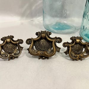 Antique Brass Shell Drawer Pulls: Ornate Furniture Handles, Set of 3