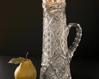 Antique Crystal Pitcher, American Brilliant Period Early 1900s with Sterling Silver Mount by Adolphi