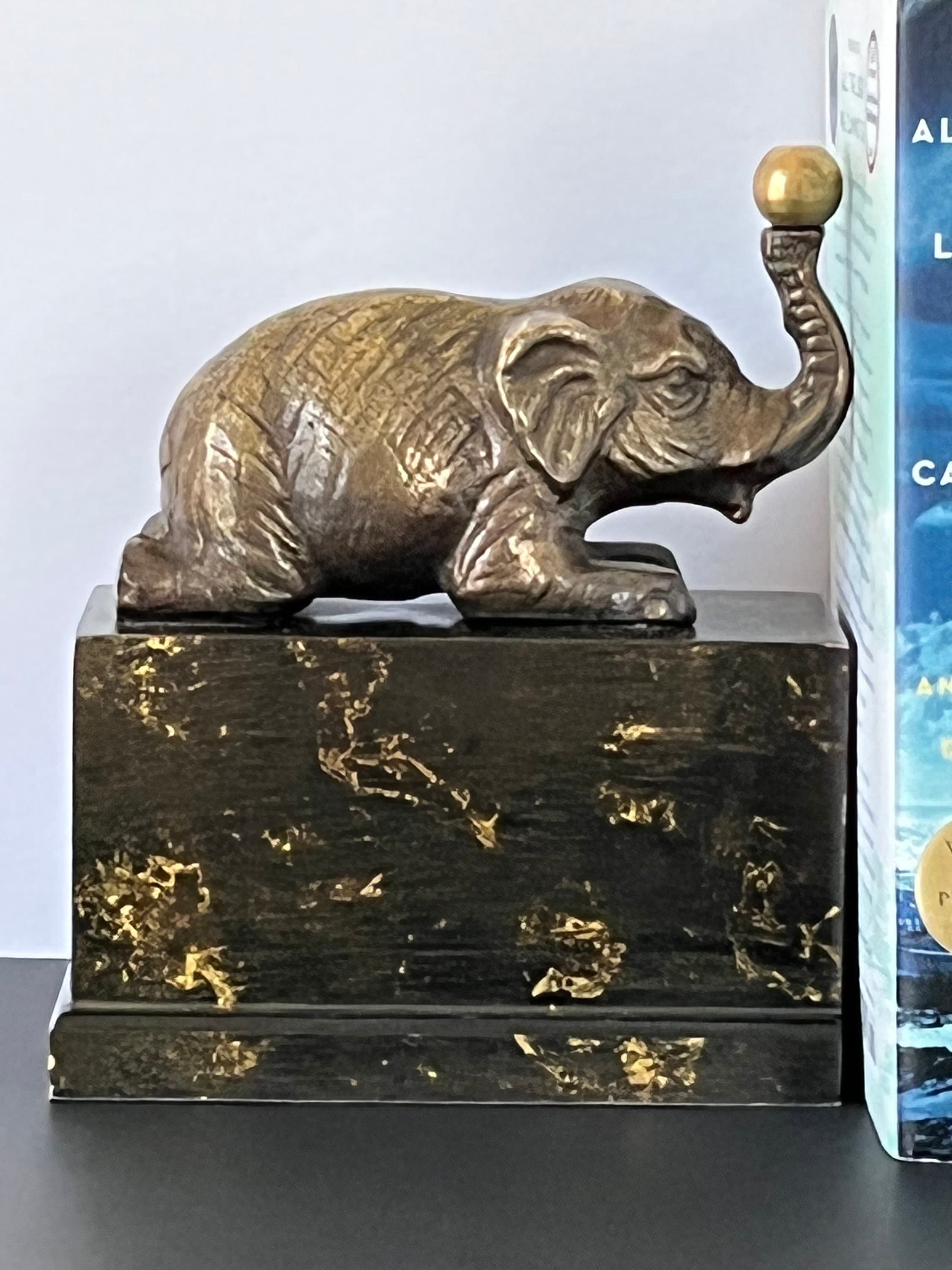Vintage Bronze Elephant Bookends, Very Heavy, Large Base, Made in Korea