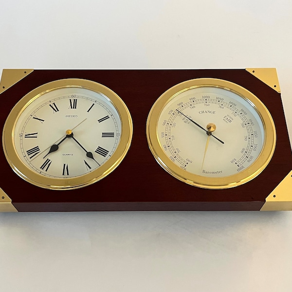 Vintage Seiko Clock and Barometer, Desk / Mantle Quartz Clock, Brass Detail on Corners