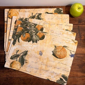 Reversible Placemats, “Oranges and Lemons”, Fruit and Flowers, Set of 5, Washable!