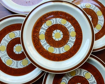 MCM Dinner Plates, Set of 5 SUNBURST by Topaz Japan, 10.5" Hand Painted Late Mid Century Plates
