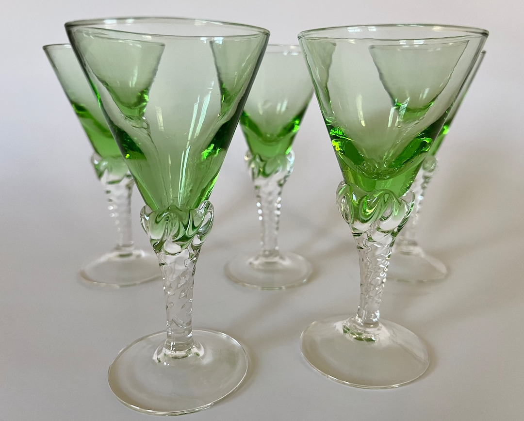 Vintage Barware, Cordials, Aperitifs, Shot Glasses, Green Bowls, Clear Twist Stems Set of 5 Etsy