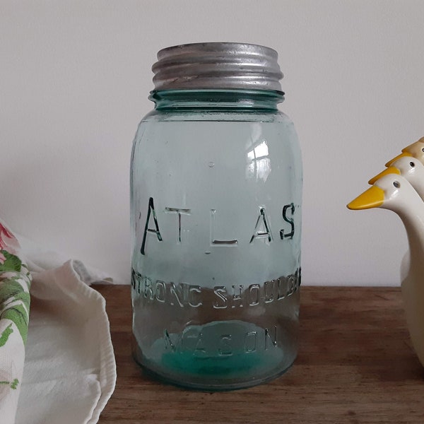 Vintage Atlas Strong Shoulder Mason Aqua Jar, Original Lid, Rustic Farmhouse Kitchen, Storage Jar