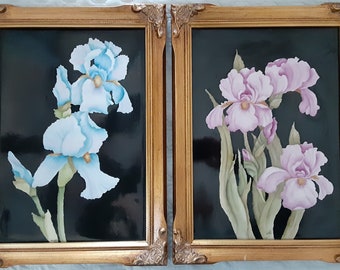 Porcelain Paintings, Framed Iris Art Nouveau, Signed, Set of 2