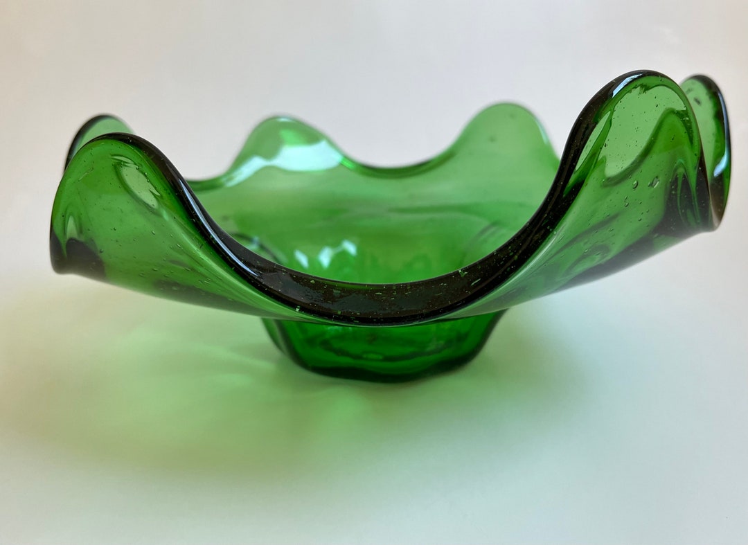 Hand Blown Glass Bowl Emerald Green Free Form Bowl Large Art Etsy