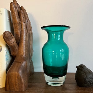 Vintage Hand Blown Art Glass Vase: Juniper Green, Bubble Base