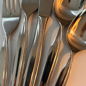 Vintage Stainless Flatware KOBA JAPAN, Koba KBA2, Full Set for 7 with extras, Twisted Midcentury Silverware, 47 pieces total