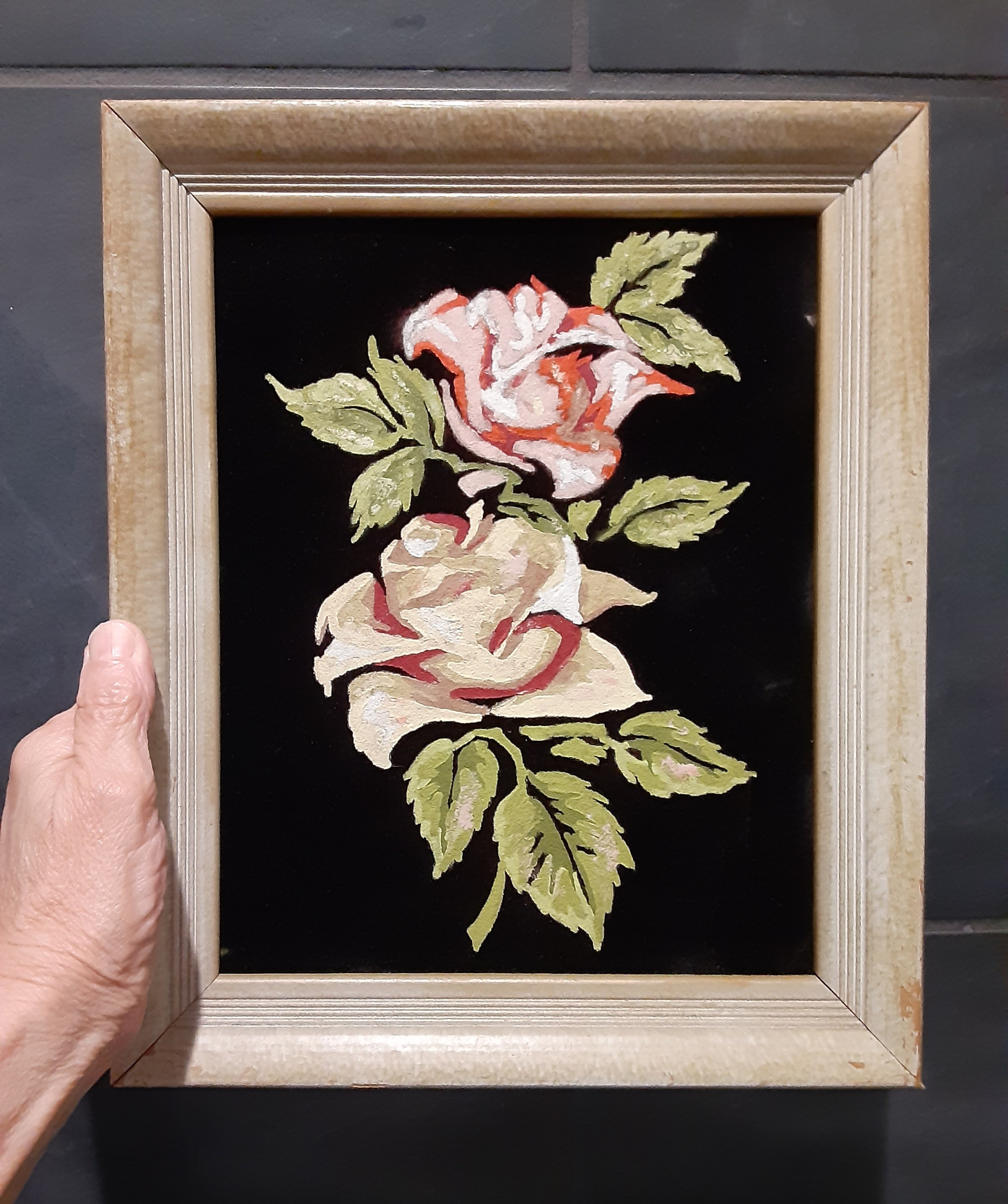 Vintage Painting, Oil on Velvet Painting, Floral Oil