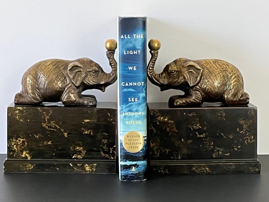 Vintage Bronze Elephant Bookends, Very Heavy, Large Base, Made in Korea