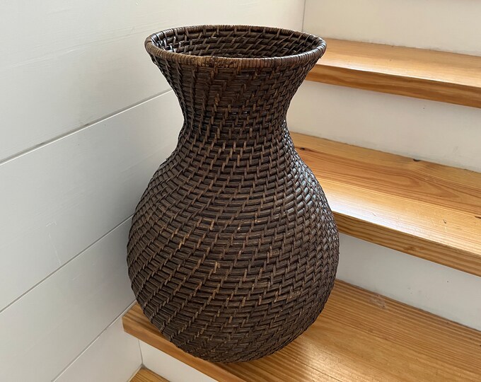 Vintage LARGE Wicker Floor Vase, Spiral Weave, Very Sturdy, 18.5 Height