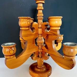 Vintage Candelabra, LARGE Mid-Century Scandinavian Decor, 9 Candle Candelabra, Solid Pine Made in Sweden, MCM Decor, Natural Wood Decor