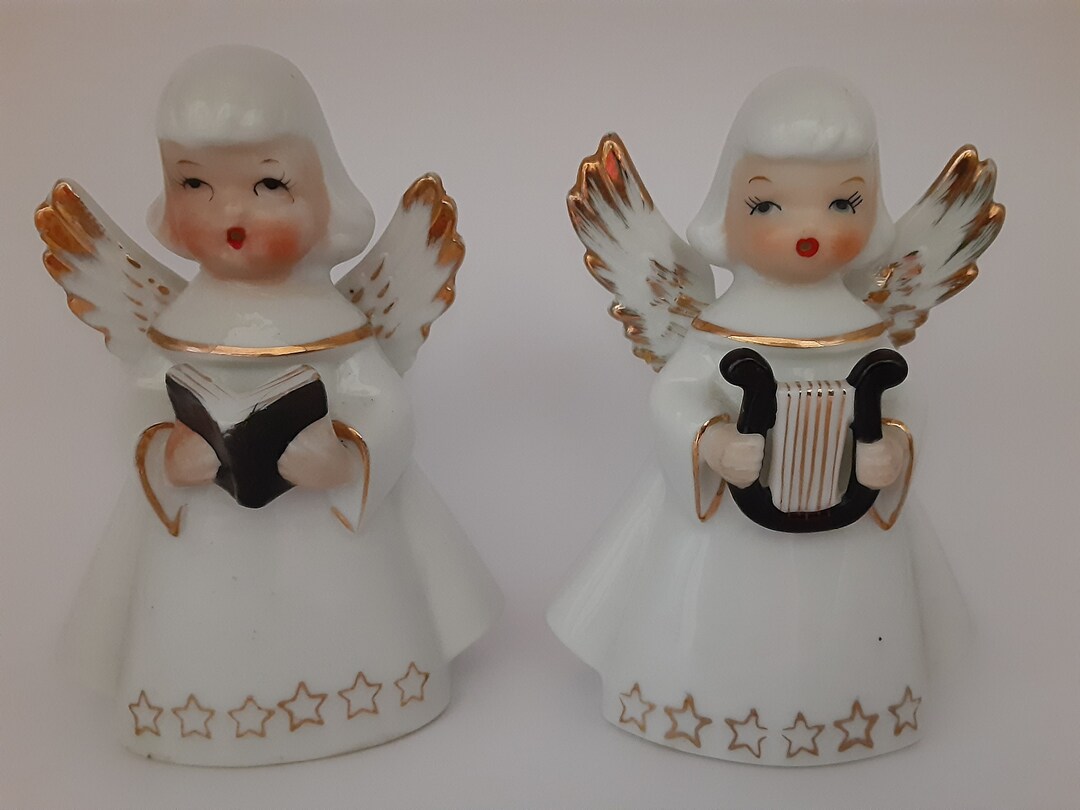 Vintage MCM Angel Figurines Angels With Harp and Songbook Etsy