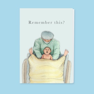 Funny birth birthday card, delivery room birthday card, baby being born birthday card, delivery room illustration birthday card,