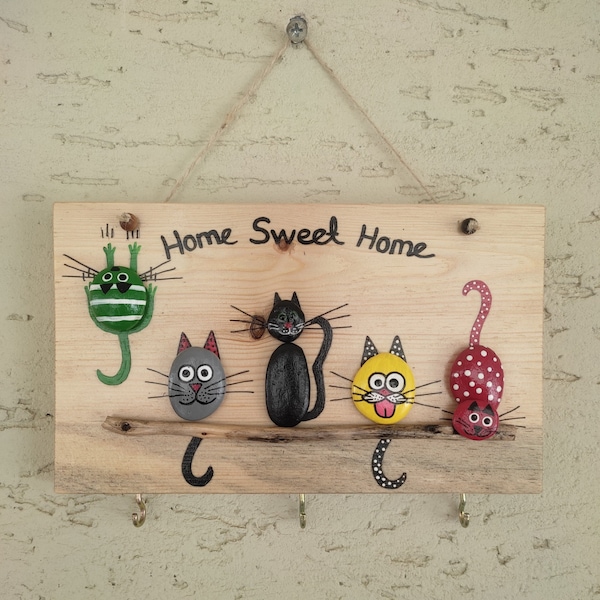 Porte-clés en bois pour mur, figurine de chat de roches peintes, panneau Home Sweet Home