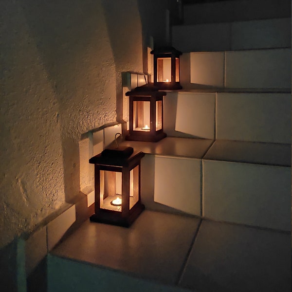 Wood Lantern Centerpiece Set of 3, Hanging or Floor Candle Holder for Garden and Entryway