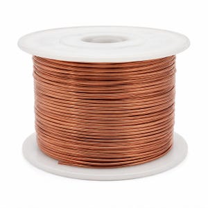 May include: A close-up of a spool of copper wire, tightly wound on a white plastic reel. The copper wire is a rich, reddish-brown hue. The image is suitable for craft and electrical projects. The spool is suitable for projects.