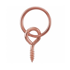 May include: A rose gold metal screw eye hook with a circular ring attached. The hardware features a threaded screw base for installation and a smooth, polished finish. The circular ring is linked through the eye of the screw hook component.