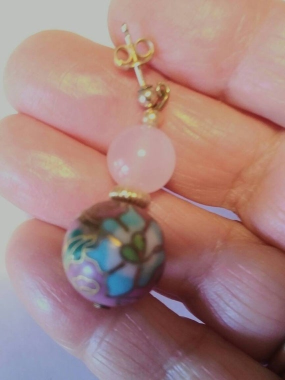 Vintage Cloisonne and Rose Quartz Earrings - image 3