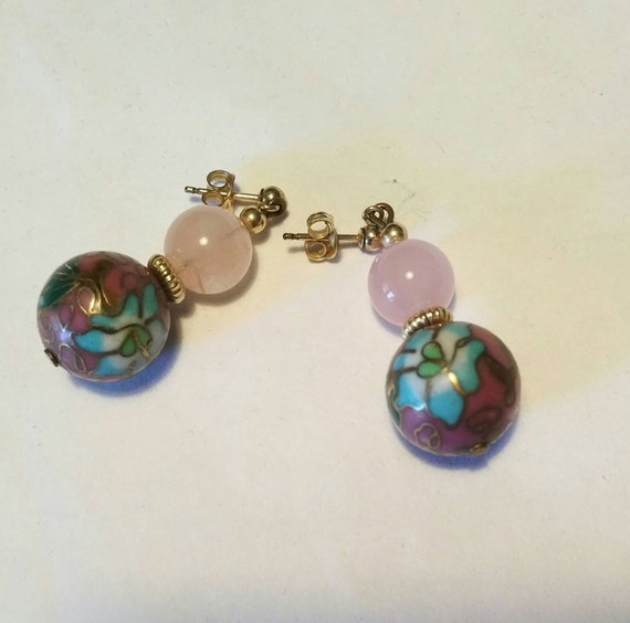 Vintage Cloisonne and Rose Quartz Earrings - image 1