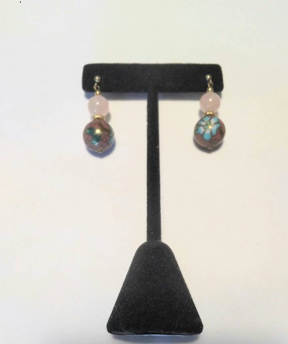 Vintage Cloisonne and Rose Quartz Earrings - image 2