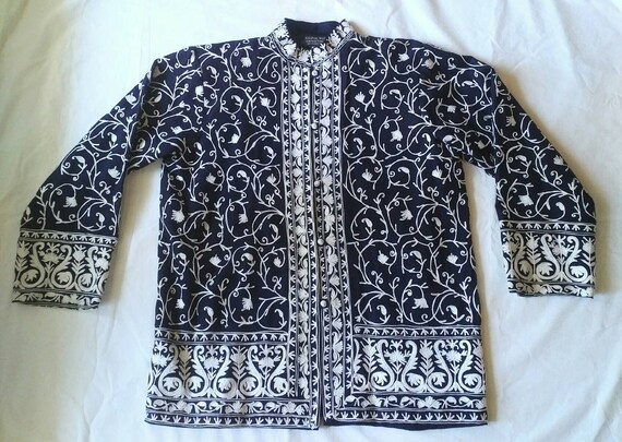 Vintage Kashmir Embroidered Navy and White Wool Jacket Canada