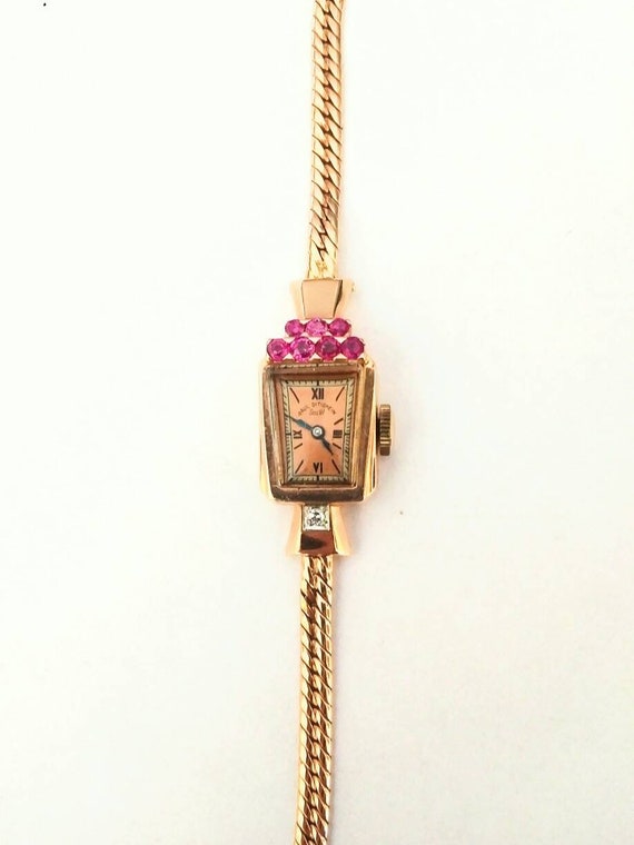 Art Deco 14K Rose Gold Ruby Diamond Watch