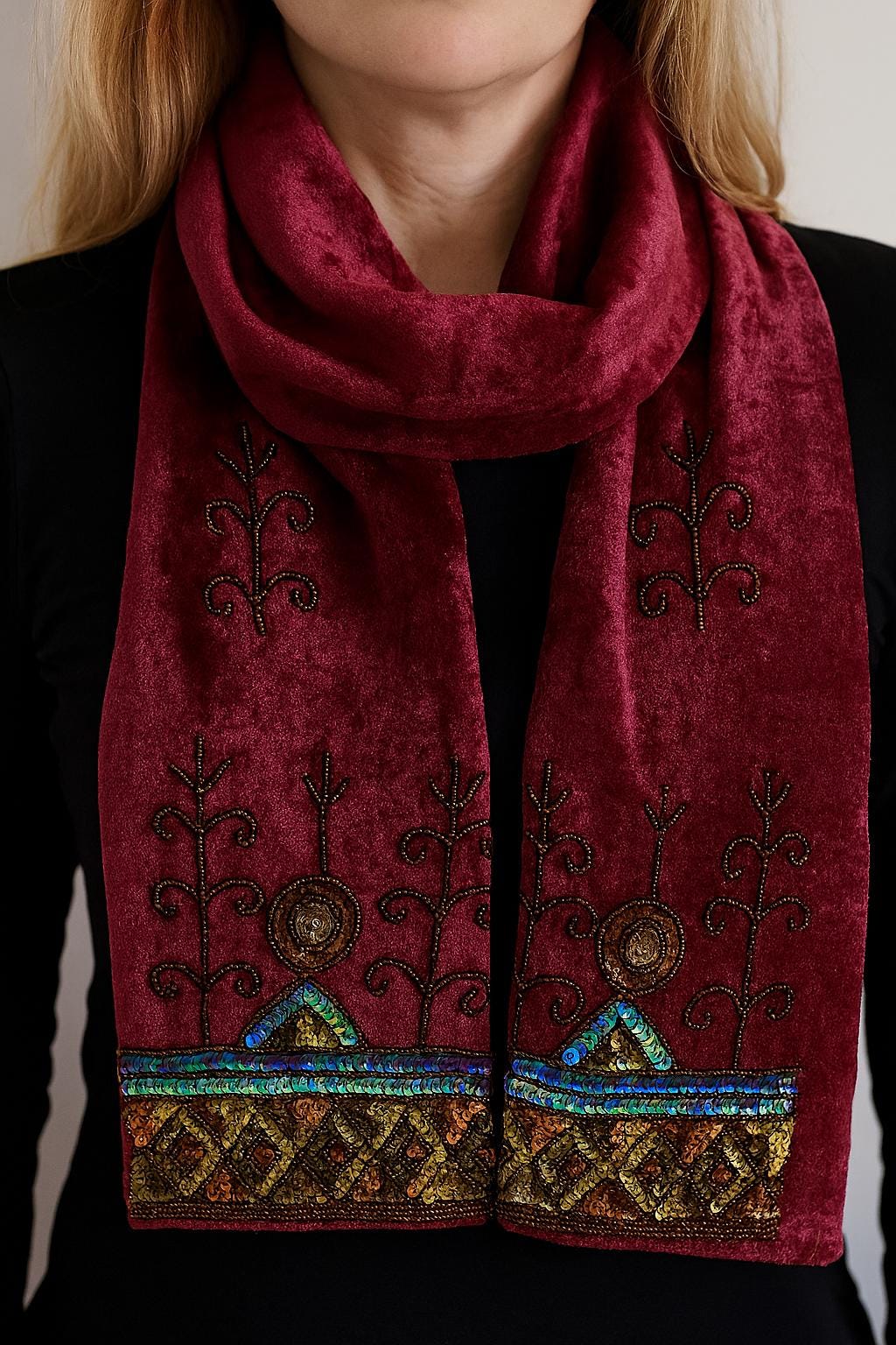 Vintage Velvet Beaded Scarf - Dark Red with Multicolor Beading