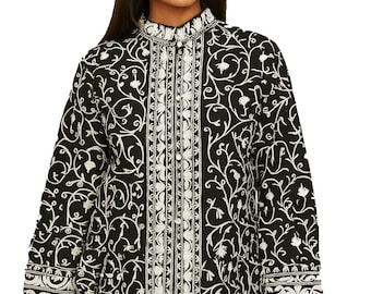Vintage Kashmir Embroidered Navy and White Wool Jacket