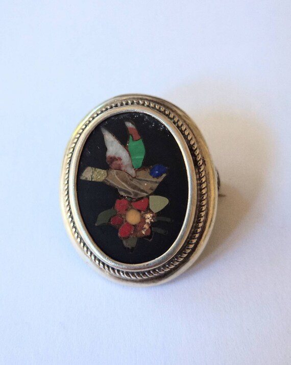 Victorian Petra Dura inlaid Mosaic Bird Pin