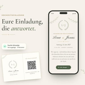 Könnte beinhalten: Eine digitale Hochzeitseinladung auf einem Smartphone-Bildschirm und eine gedruckte Karte mit den Namen Lena und Jonas, dem Datum 12. Juni 2027, einem Lorbeerkranz-Monogramm und einem QR-Code. Der Text lautet Eure Einladung, die antwortet.