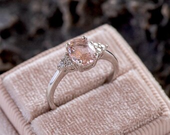 Pink Morganite Oval Bridal Engagement Ring, Silver Dainty Wedding Band Ring, Birthday Gift for Her,  Art Deco Style Statement Ring for Her