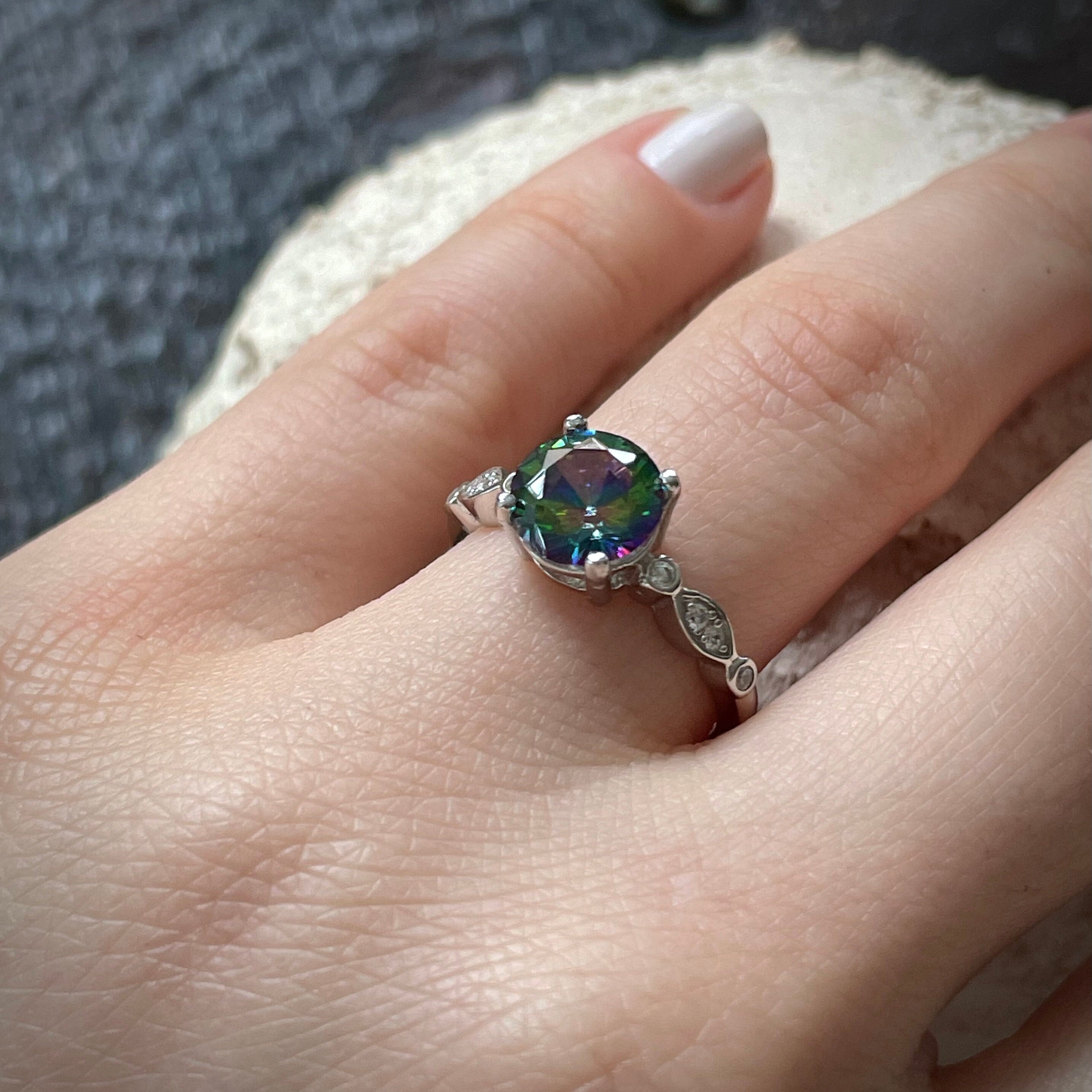Rainbow Mystic Topaz Engagement Ring Dainty Promise Ring