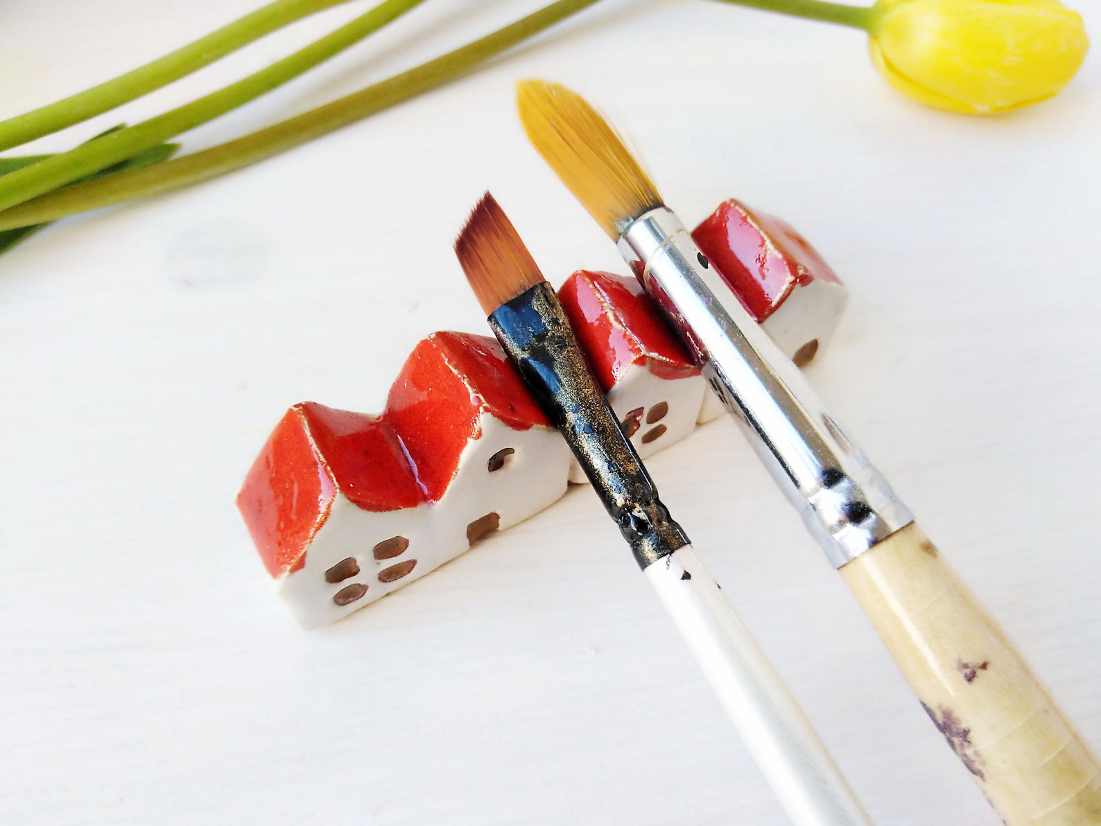 Cute Ceramic houses paint brush holder handmade brush rest Etsy