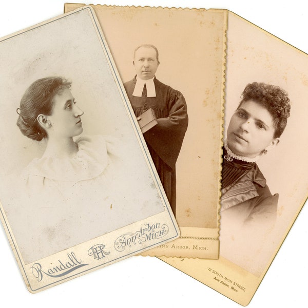 Vintage Ann Arbor, Michigan Set of Three Black and White Cabinet Card Photo Portraits